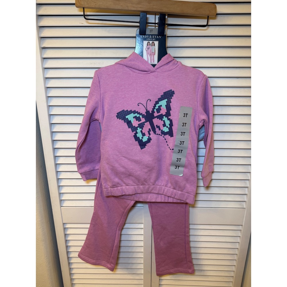 Andy & Evan Girls 3-Piece Set Hoodie T-Shirt and Pants Purple Butterfly 3T NEW